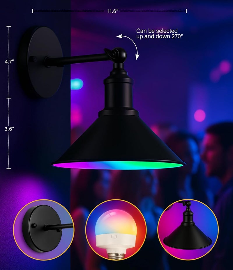 Franing Rechargeable Battery Operated Wall Sconces Set of 2, RGB 15 Color Dimmable Wireless LED Wall Sconce, Includes Bulb and Remote Control, Suitable for Bedroom, Farmhouse, Gallery. - Image 3